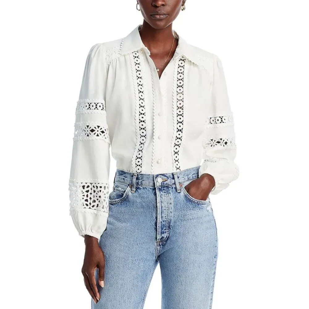 Aqua Womens White Linen Blend Lace Blouse Button-Down Top NWT